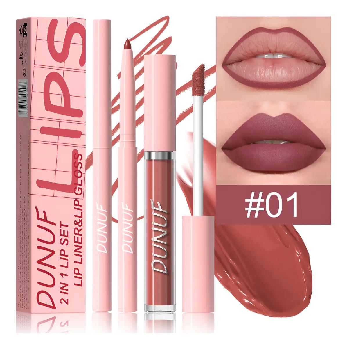 2 In 1 Set: Waterproof Dunuf Lip Liner Lip Gloss