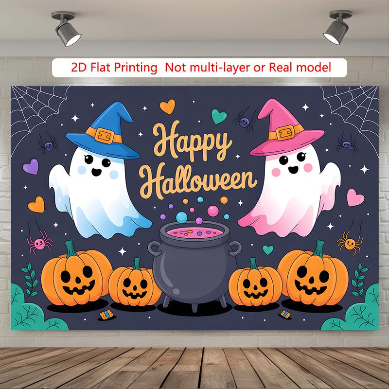Party Backdrop Halloween Flat Spooky Pumpkins Ghosts Cauldron Event Photo Background Party Decor
