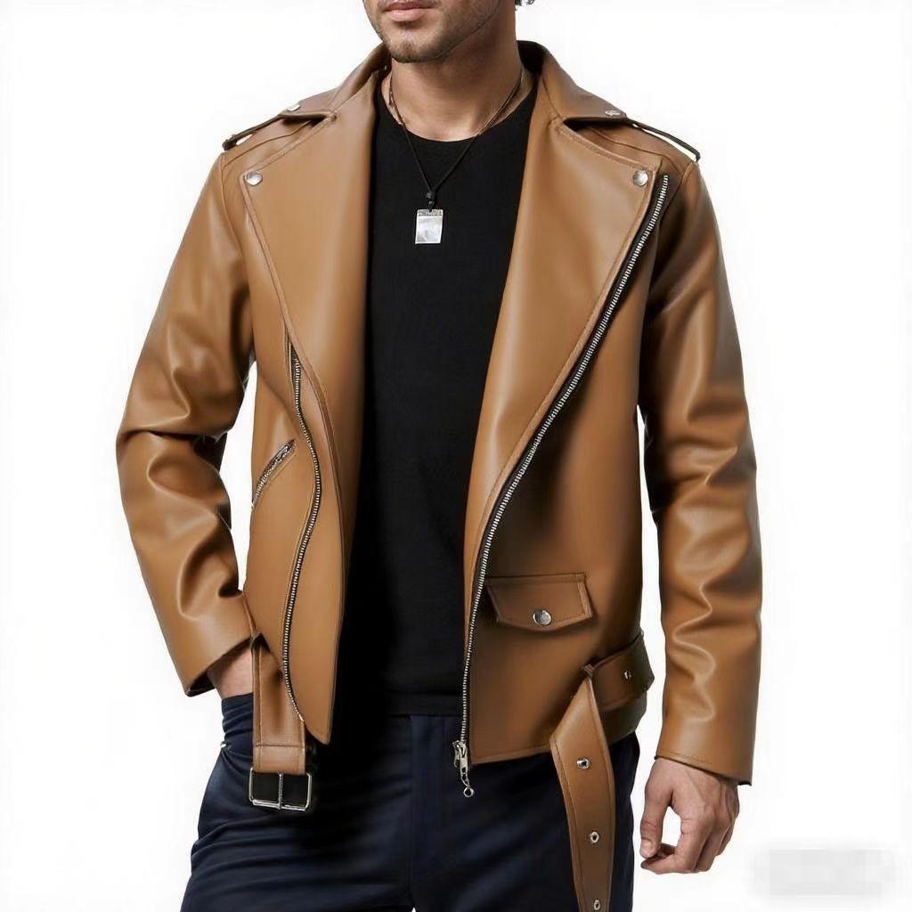 Autumn Winter Casual Men's PU Leather Jacket Fashion Slim Fit Turn Down Collar Moto Biker Coat Trendy Men's Outerwear
