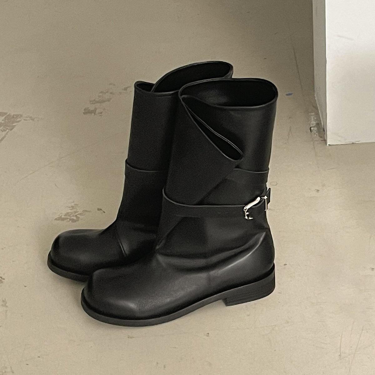 

Cowhide version~ Design niche western cowboy boots round head wide tube folded flat bottom belt buckle short boots female knight boots 35