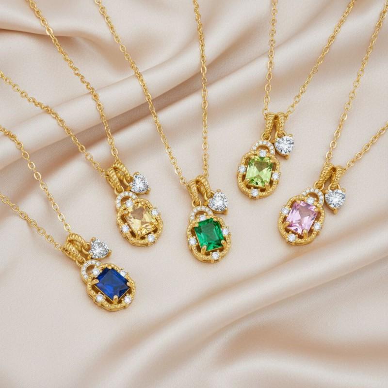 Elegante Quadratische Kristall Doppelanhänger Halskette Damen Vergoldete Choker Kette Mit Geburtsstein Farben Leicht Geometrisch
