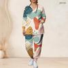 Women Plus Size Printed Nurse Scrub Set V Neck Long Sleeve Pocket Top And Long Pants
