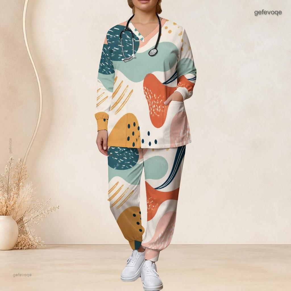 Women Plus Size Printed Nurse Scrub Set V Neck Long Sleeve Pocket Top And Long Pants