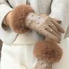 Plush Rhinestone Winter Gloves Velvet Women Warm Mittens All-Match Pu Leather Gloves  Autumn