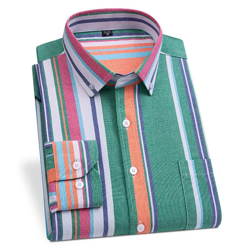 Herrrutig Casual Långärmad Skjorta Oxford Enkel Bröstficka Randig Ny Mode Affärssmart Skjorta Herr Topp Kläder