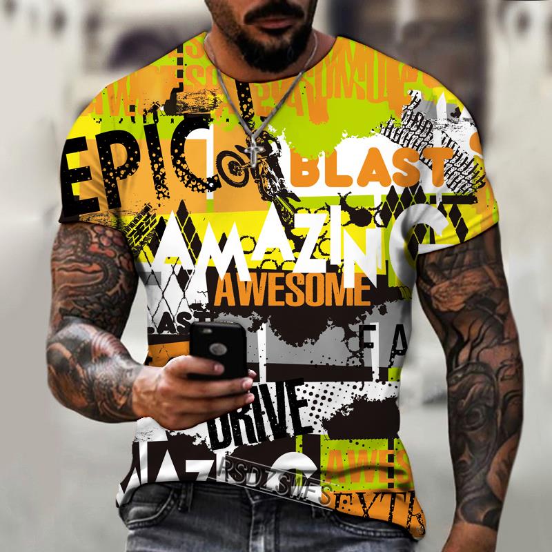 Summer Round Neck 3D Graffiti Explosive Element Print Top Fashionable Casual Short Sleeved Men's T-shirts