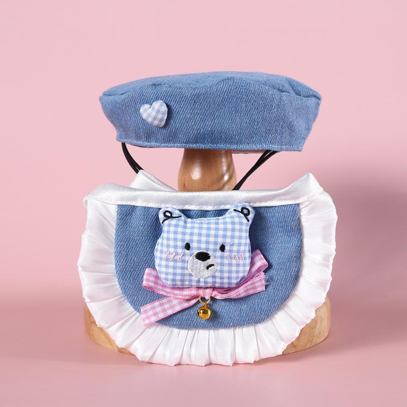 1/2Pcs Cartoon Plaid Cowboy Teddy Bear Rabbit Pet Beret Bib Lace Bow Pet Decoration Set Cats Dogs Pet Clothing Accessories