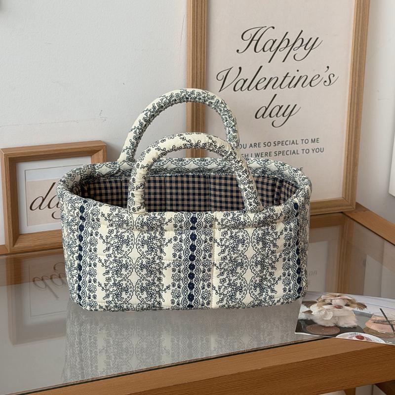 Floral Vintage Organizer Basket With Handle Portable Home Storage Basket For Living Room Kitchen Countertop