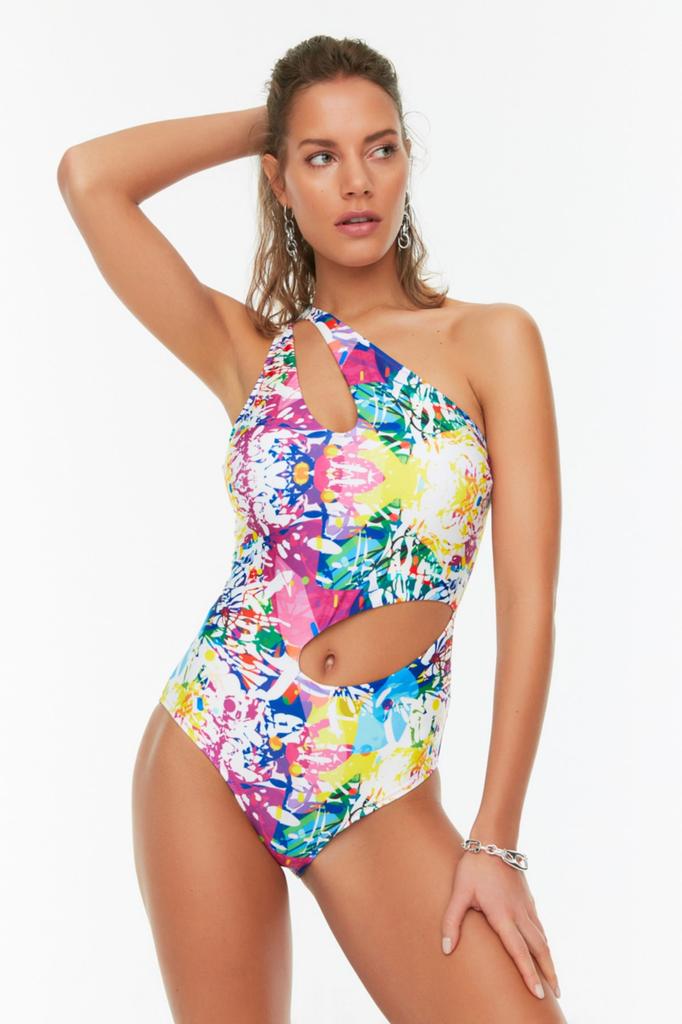 Women's New Season Swimsuit Tropical Patterned One Shoulder Cut Out Window Normal Leg Swimsuit