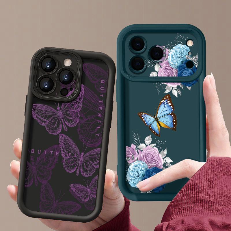 Pink Butterfly Case For iPhone 17 Pro Max Case iPhone 16 15 14 13 Pro Max 11 17e 16e Shockproof Bumper Soft Silicone Phone Cover Cases