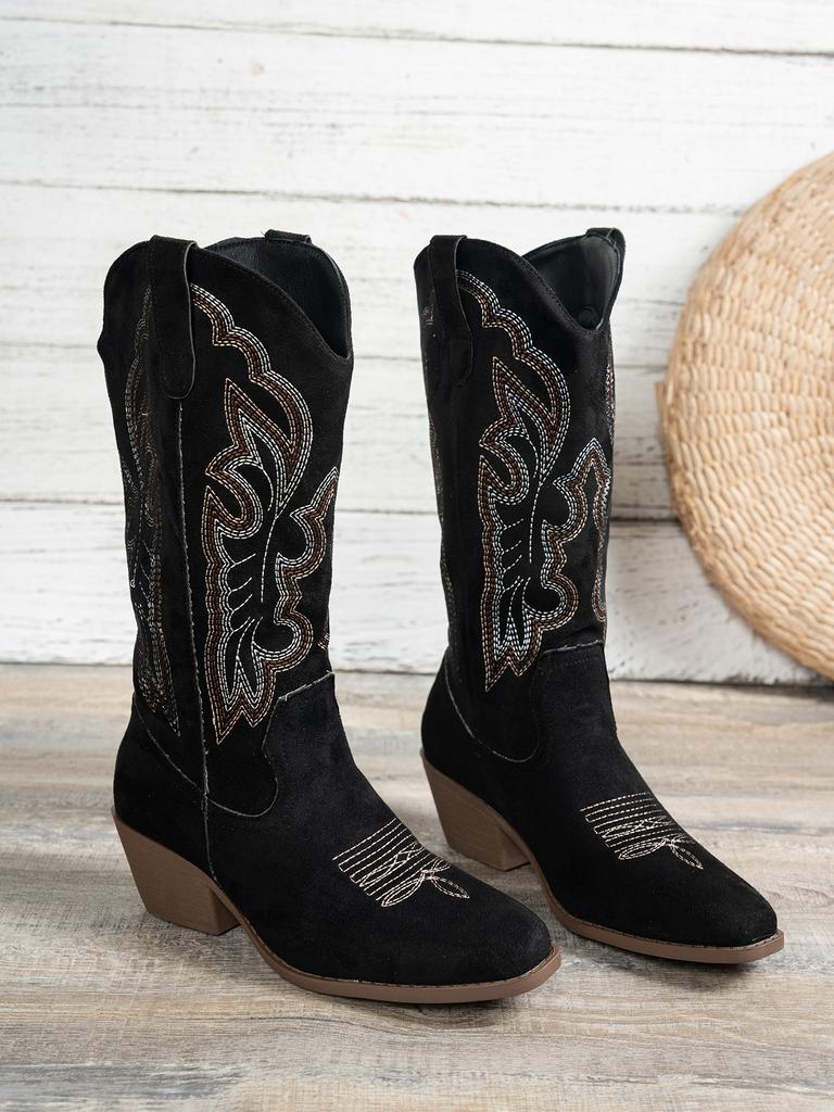 2025 European and American Fashion Autumn and Winter New Spot Medium Heel Women's Leather Boots Foreign Trade Round Head Large Size Embroidered Weste