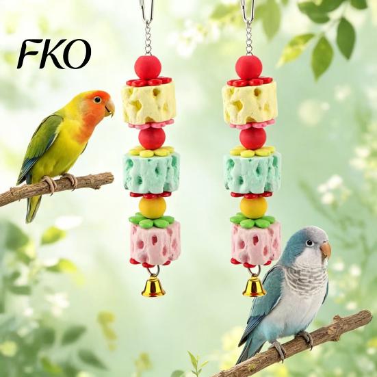 Parrot Beak Grinding Stone Stone, Bird Chew Toy with Bell And Colorful Beads, Enrichment Toy, Cage Accessory for Budgies Cockatiels Small
