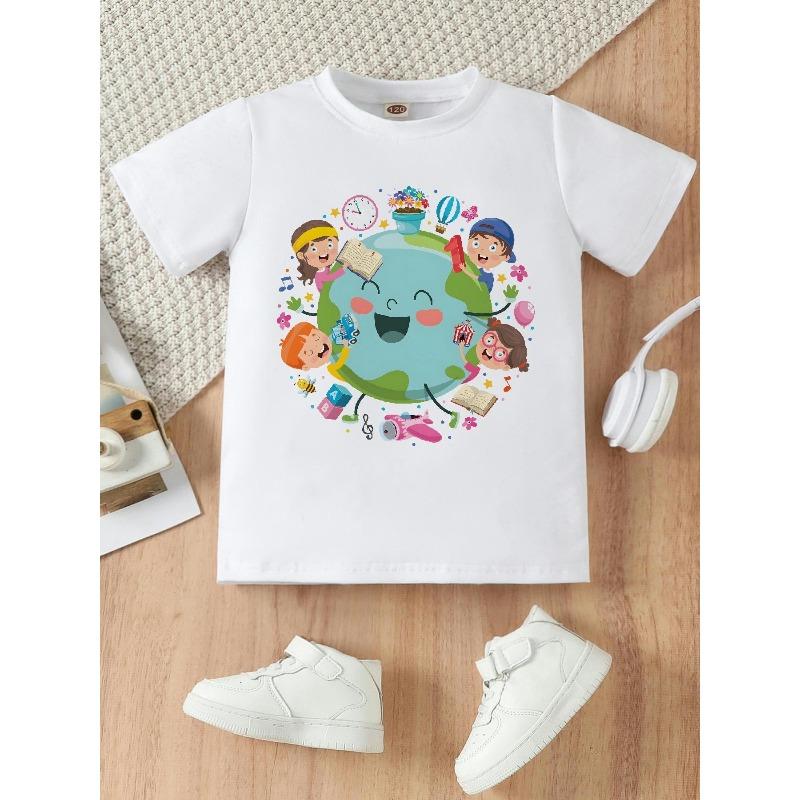 European sizes Happy Kids, Earth Day Print, Children s Summer T-shirts, Children s Summer Clothing, Children s Casual T-shirts, Casual Attire 98cm белый