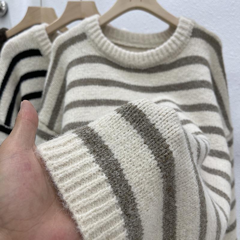Sweater Women's Autumn and Winter New Retro Lazy Wind Knitted Sweater Striped Soft Waxy Comfortable Loose Top Bottoming Shirt