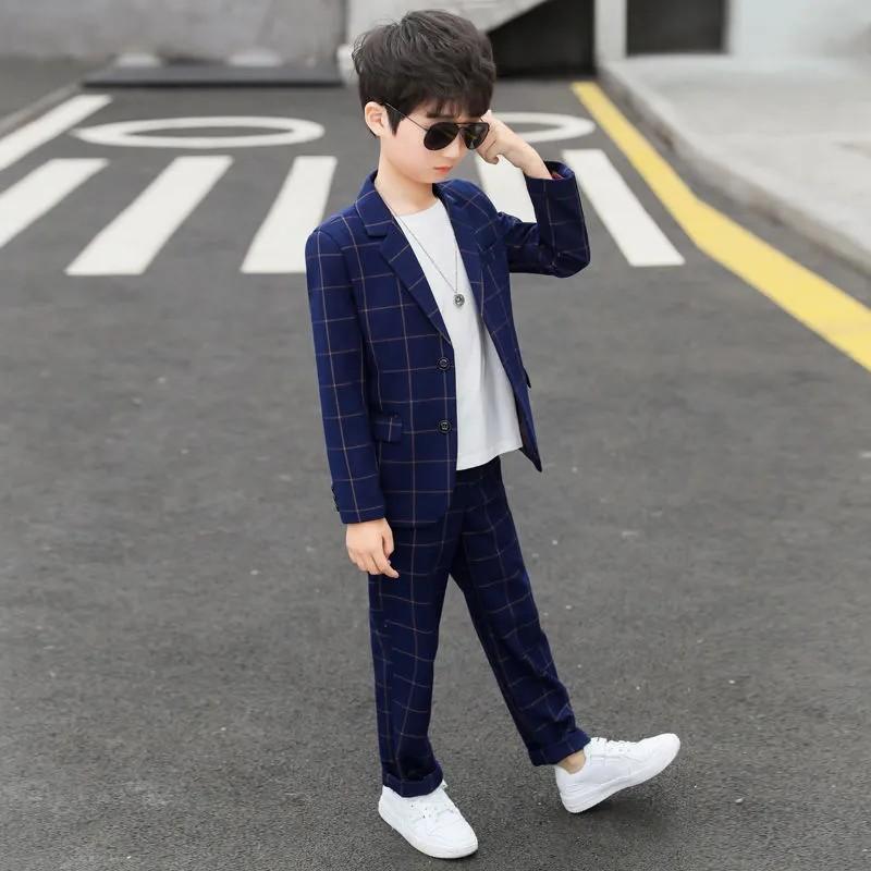 Jungen karierter Anzug Anzug Anzug mittlerer und älterer Kinder hübscher Anzug Jacke + Hose zweiteiliges Set 140 white