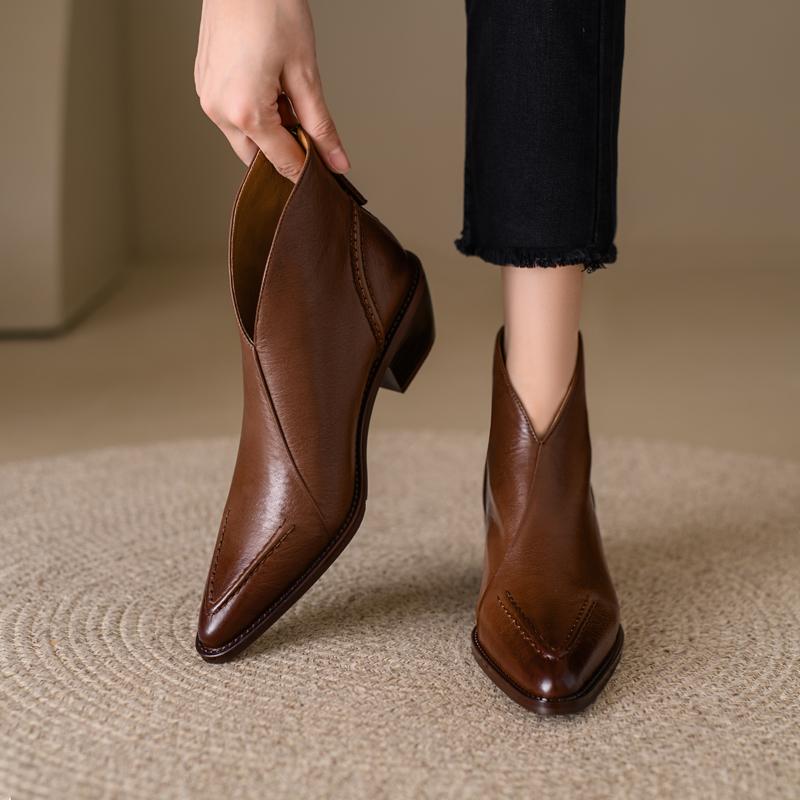 Fashion 2024 New Autumn Women Boots Genuine Leather Women Shoes Pointed Toe Ankle Boots Modern Ladies Shoes Chelsea Western Boots