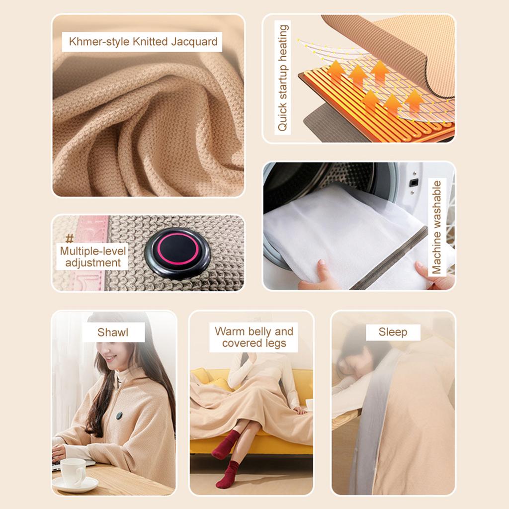 Winter Electric Heated Blanket 3 Heating Level Wearable USB Heating Blanket Soft and Safety Electric Heated Shawl for Home Offic
