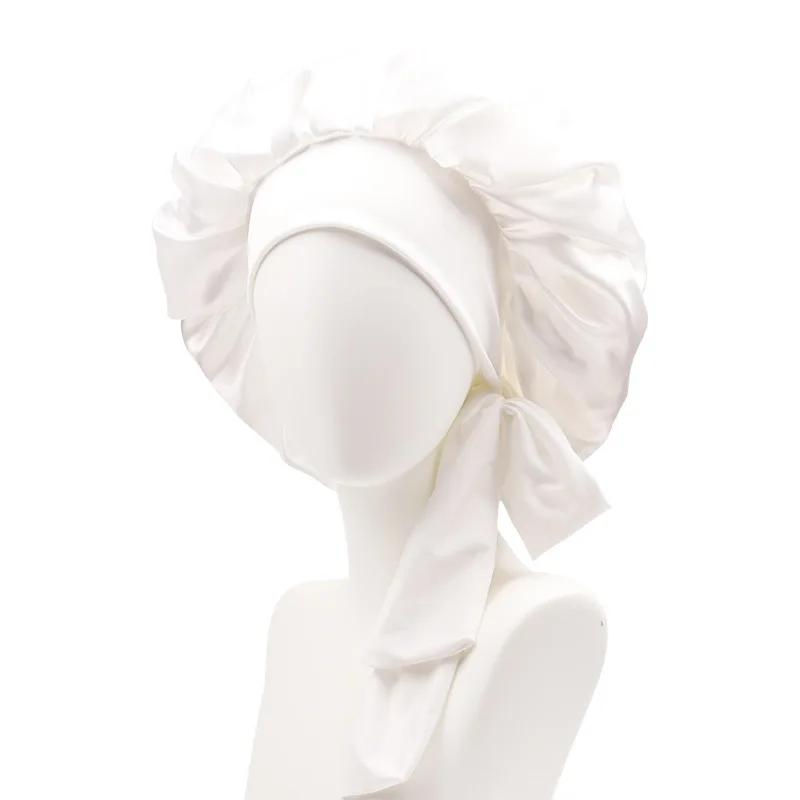 Satin-Schlafmütze Elastischer Streamer Runder Hut Einfarbig Lange Haare Make-up-Kappe Geknotete Schönheits-Dauerwellkappe Crossborder