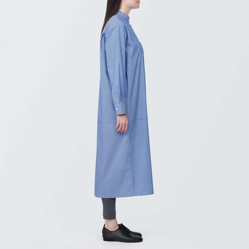 MUJI Rochie cu mânecă lungă, rezistentă la riduri, cu guler lat, BC2IMA4S, cu dungi bleumarin XS, femei, femei, femei