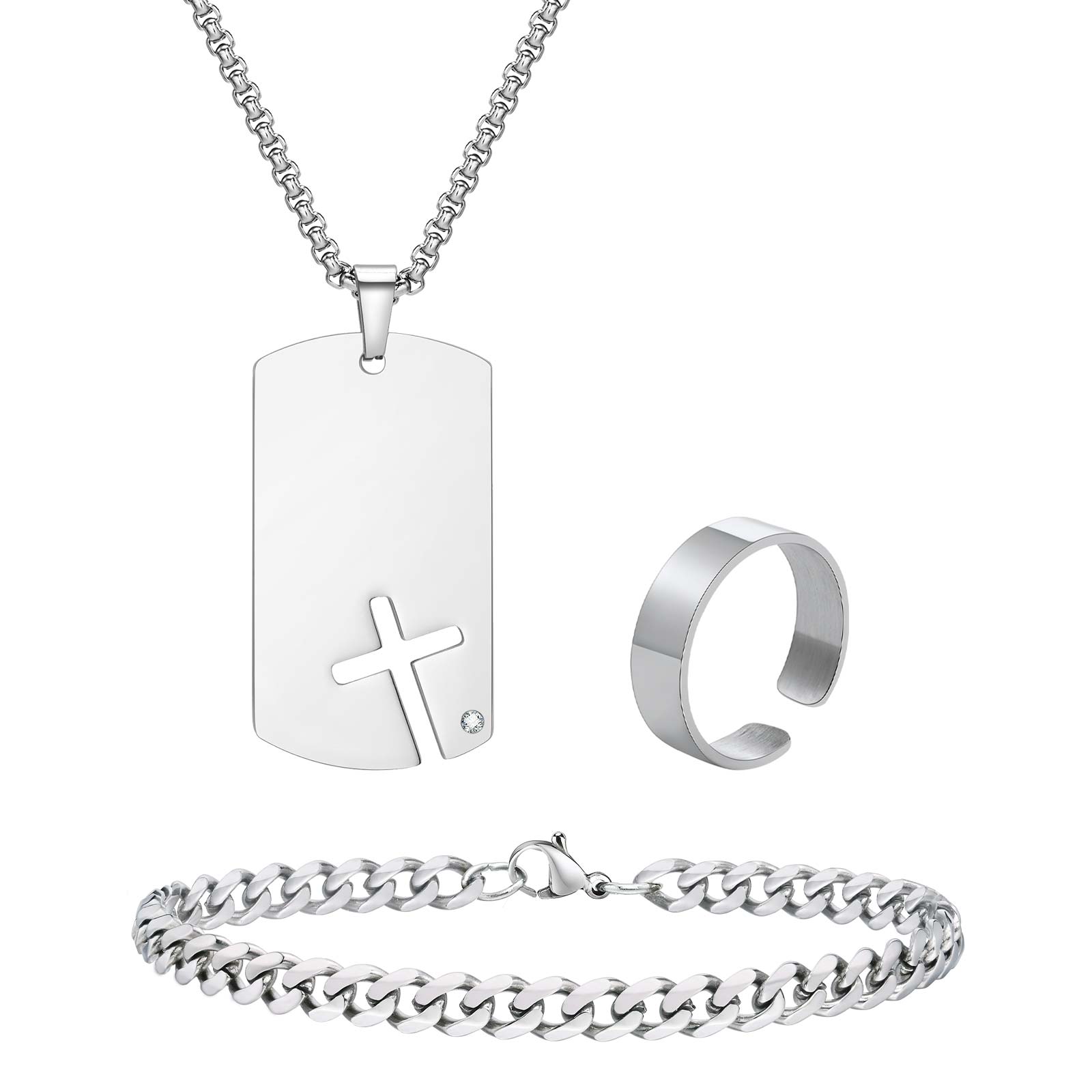 

Vnox Sidecross Dog Tag Necklaces Chunky Curb Chain Bracelet 6/8/11.5mm Width Open Adjustable Ring Jewelry Set Gifts for Men Boys 11.5mm Wide Ring срібний