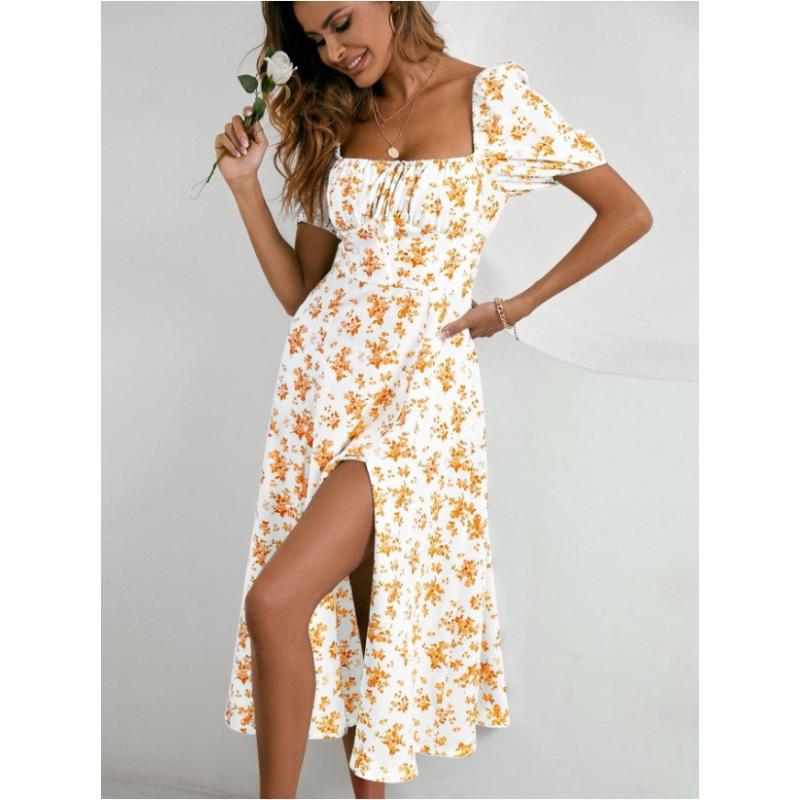 Florales, rückenfreies, schmal geschnittenes Kleid, trägerlos, Puffärmel, Hosenträgerkleid, geteilt, plissiert, Schnürung, Vintage-Sommer-Damenbekleidung