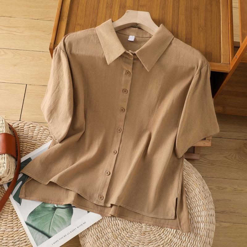1116 stone polished linen shirt women's lapel short-sleeved solid color top temperament shirt