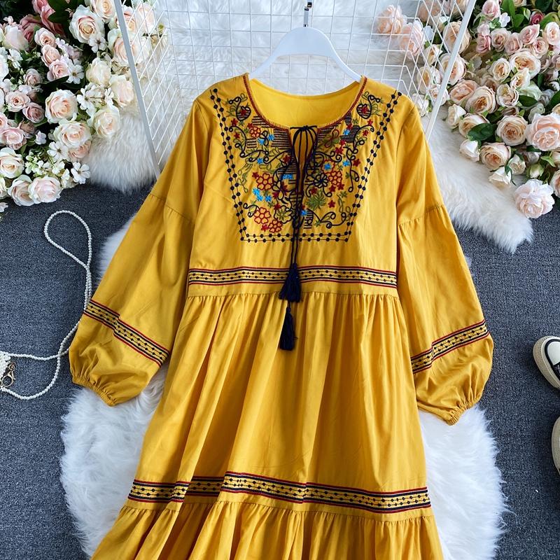 RUGOD Vestido largo con cordones y borlas con cuello en V y bordado étnico Retro para viajes y vacaciones vestido largo de temperamento de moda de manga larga
