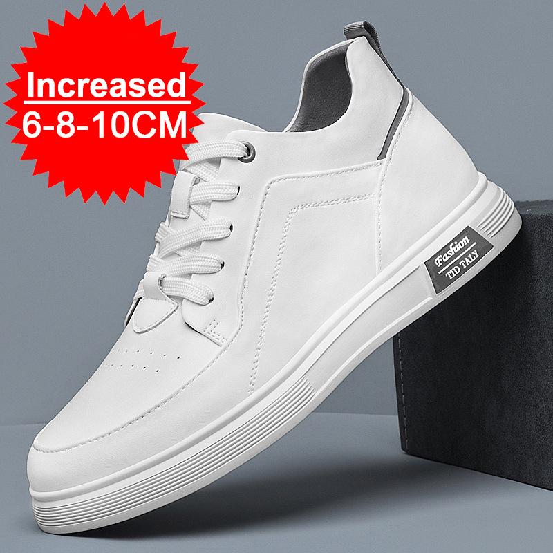 New Men Fashion Elevator Shoes Premium Leather Invisible Height Increase 6/8/10CM White Sneakers Cortex Heightening Casual Shoes