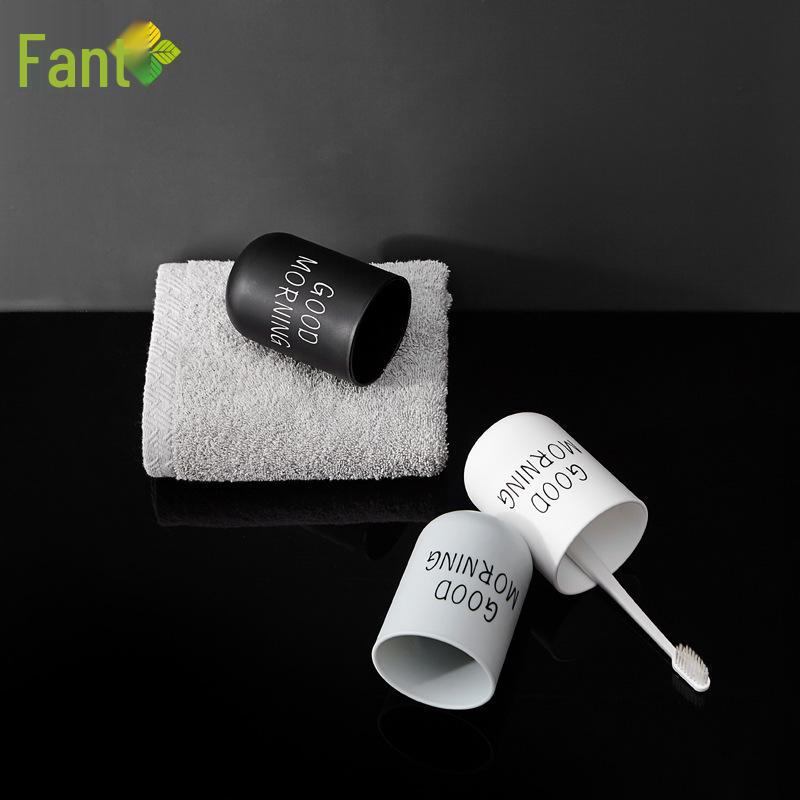 Nordic Style Non-Slip Toothbrush and Mouthwash Cup with "Good Morning" Print