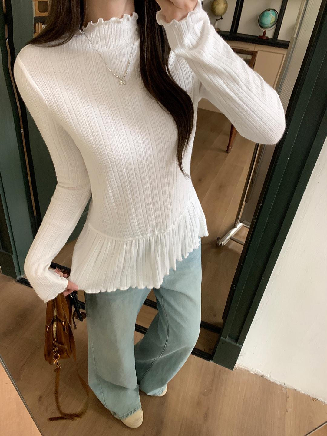 

Women s Slim Fit Pleated Long-Sleeve T-Shirt with Ruffled Hem Extra Large белый