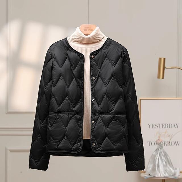 Lightweight short white duck down jacket women's autumn and winter new fashion round neck rhombus warm casual jacket