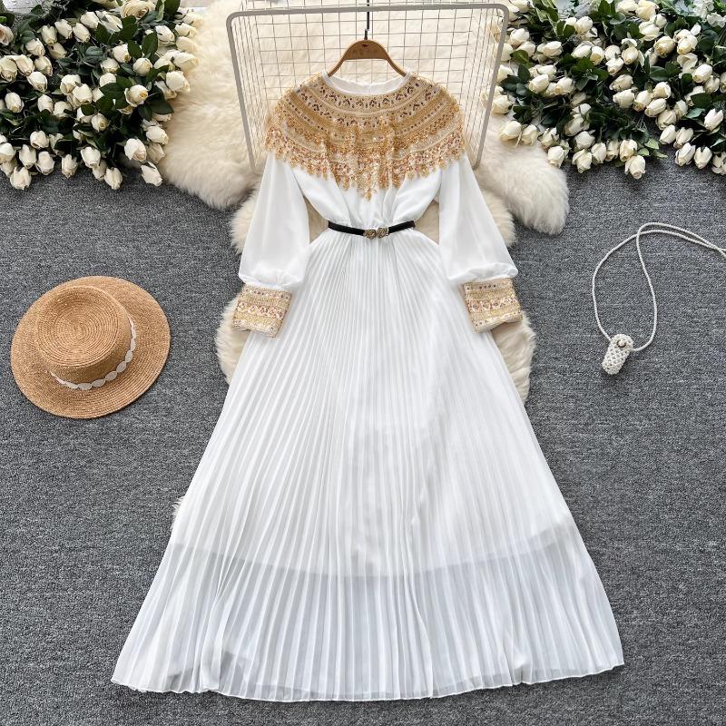 Temperament Robe Femme Maxi Dresses for Women Long Sleeve O-neck Sequin Slim Waist Vintage Pleated Dress 2025 Vestidos De Mujer