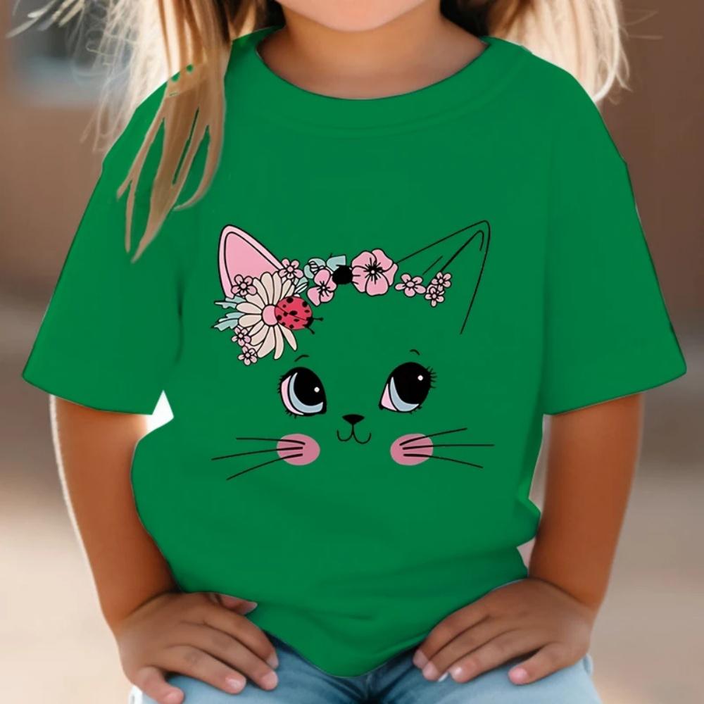Girl Clothes Cute Floral Cat Pattern Summer Short Sleeve Tops Animal Cartoon Print Tees Fashion O-Neck Loose Children's Clothing