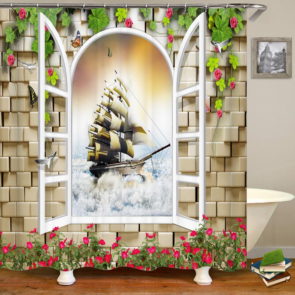 3D Window Opening Scenery Natural Landscape Printed Shower Curtain Washable Bath Curtain Bathroom Decoration With Hook Curtain