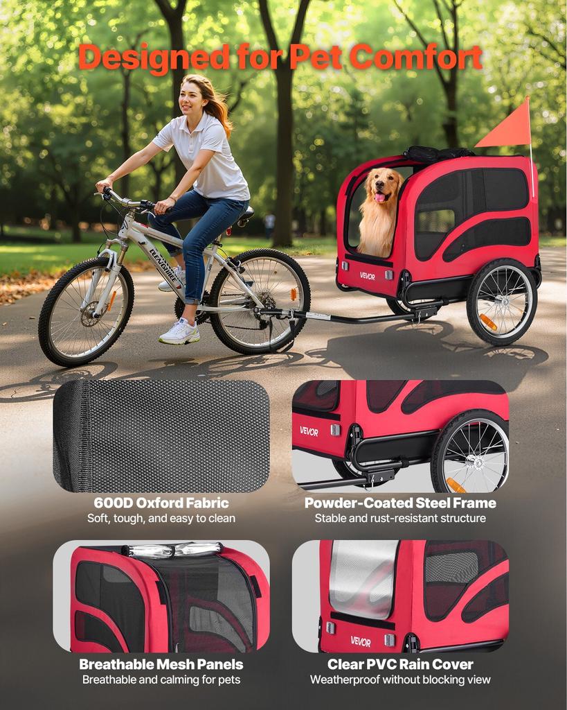 VEVOR Dog Bike Trailer, Supports Up To 45 Kg, Pet Cart Bicycle Carrier for Small & Large Dogs, Easy Folding Frame with Quick Release Wheel