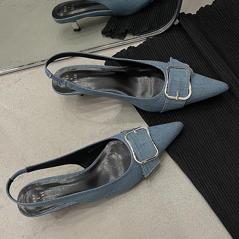 

Серебряные новые женские туфли на каблуках с острым носком и пряжкой, женские босоножки с открытой пяткой, модные металлические женские туфли на низком каблуке 39 синий