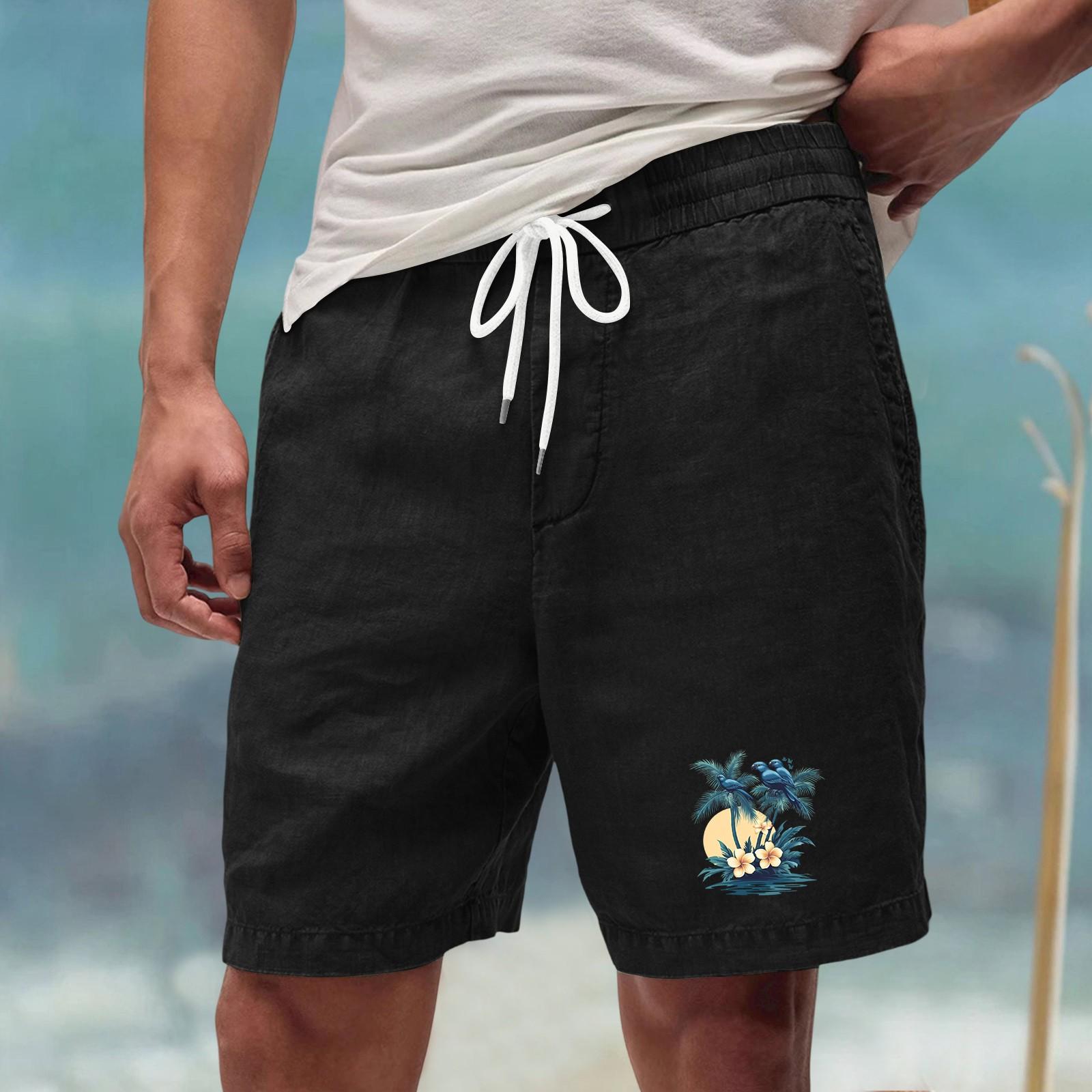 

Men’s Casual Drawstring Beach Shorts with Tree Print, Lightweight Quick-Dry Swim Trunks for Summer Vacation, Navy Blue L чёрный