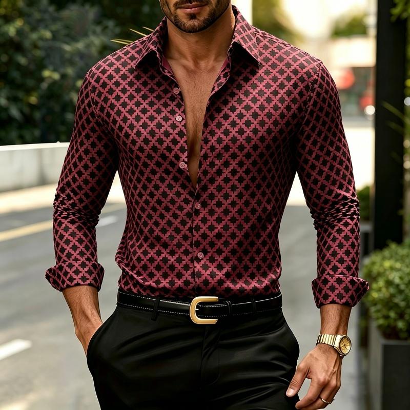 2026 Nuova Camicia da Uomo Geometrica a Griglia di Diamanti Bianca e Nera, Camicia Stampata Personalizzata, Abbigliamento da Uomo Versatile alla Moda Casual