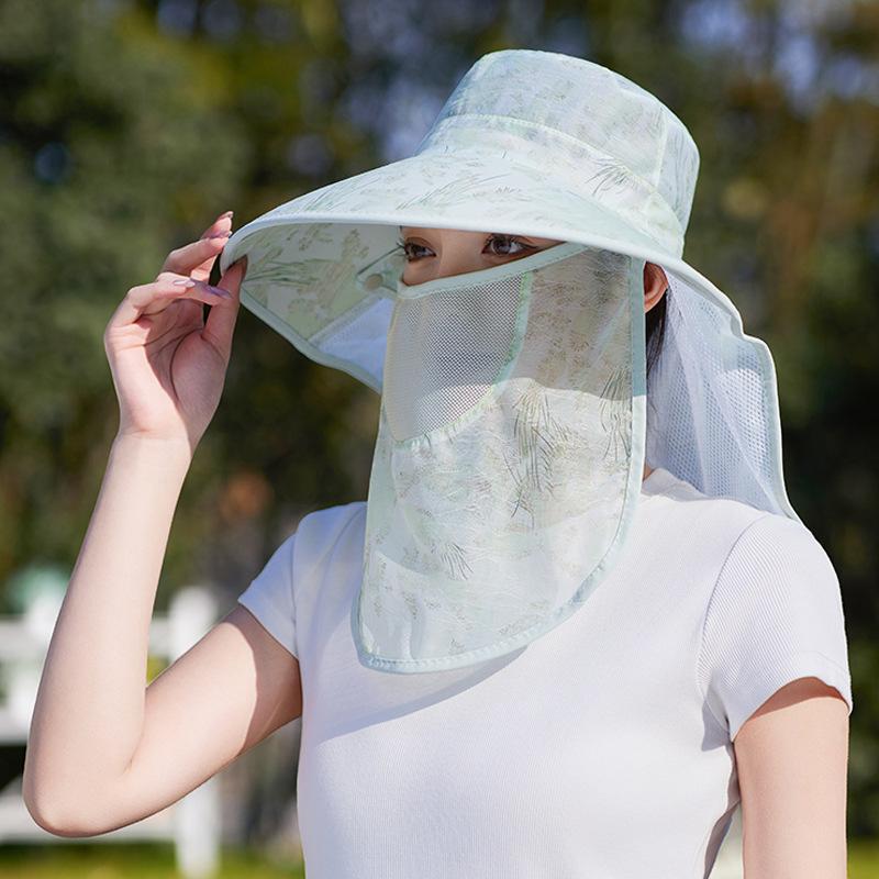 Tea Picking Hat Summer Mesh Outdoor Sun Hat Face Covering Shawl Hat Women's Plus Flower Cloth Mask Sun Protection Cap