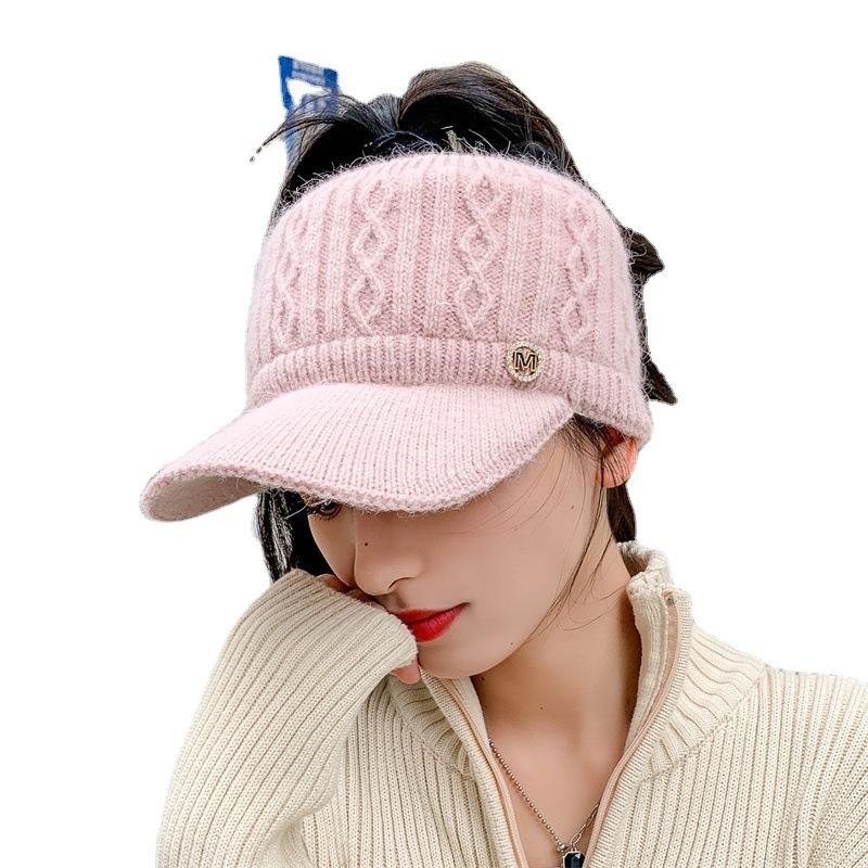 Women's Autumn and Winter Empty Top Hat Versatile Knitted Rabbit Wool Hat Fleece Thickened Thermal Ear Protection Duck Tongue Baseball Cap