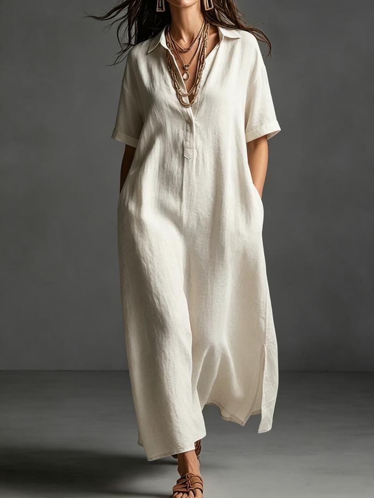 European and American women's clothing spring and summer new cotton and linen simple and elegant solid color short-sleeved lapel dress
