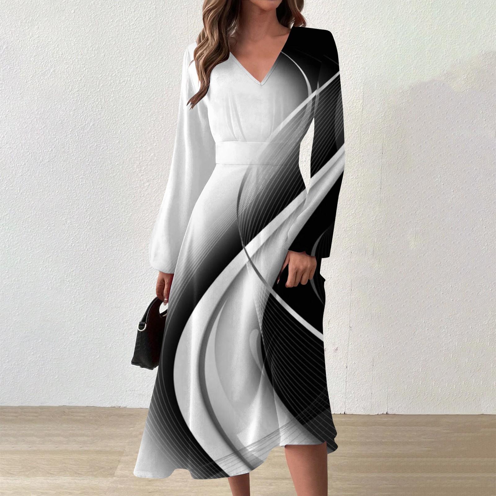 

Женское осеннее и зимнее повседневное модное длинное платье с v-образным вырезом и длинными рукавами и принтом S белый