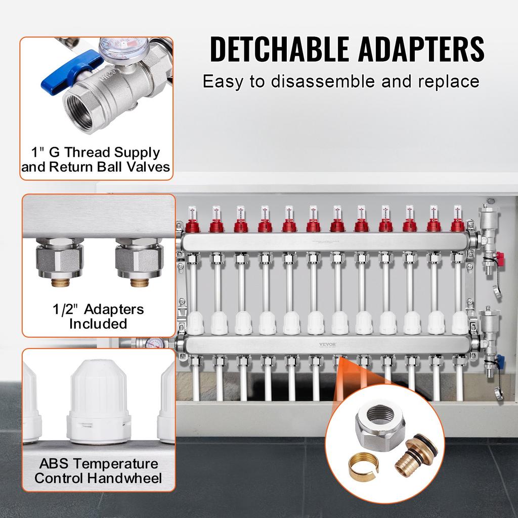 VEVOR 12-Branch Radiant Heat Manifold, 1/2" PEX Tubing Manifold, Stainless Steel PEX Manifold for Hydronic Radiant Floor Heating
