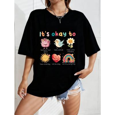 Black Oversized T-Shirt with Colorful Healing Patterns (Brain/Bird/Flower) – "It's Okay To" Gentle Self-Care Slogan Top