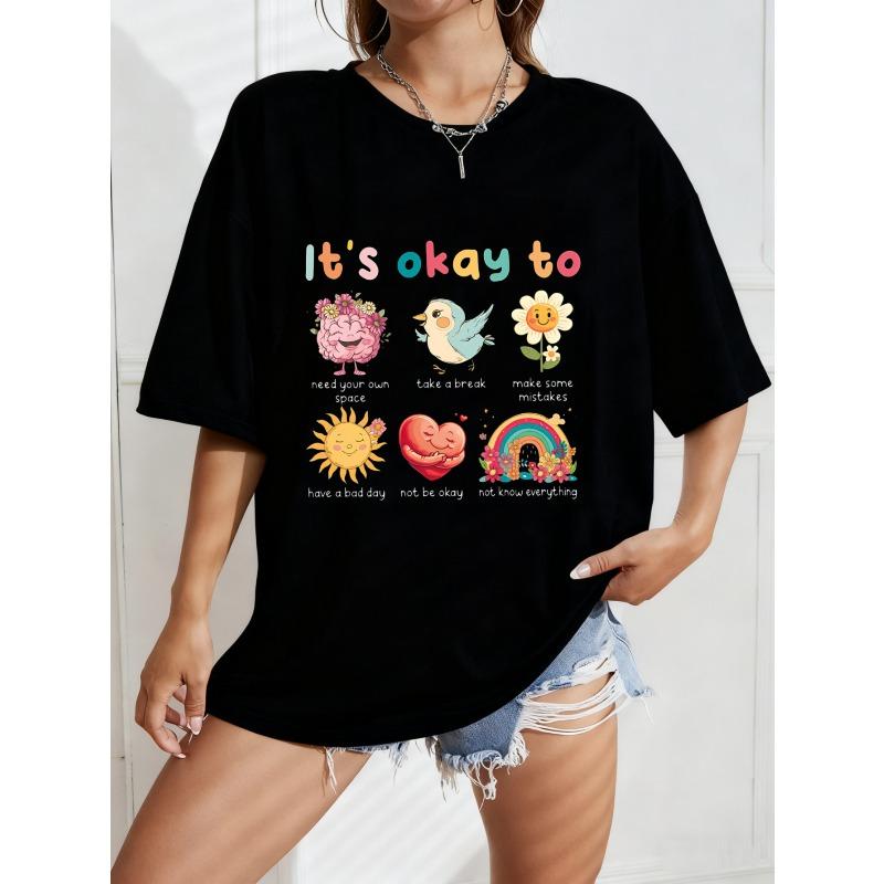 

Black Oversized T-Shirt with Colorful Healing Patterns (Brain/Bird/Flower) – It s okay to Gentle Self-Care Slogan Top XXXXL чорний