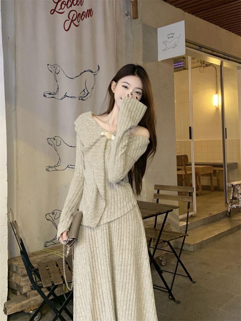 

French Chic Women s Autumn/Winter Cinched Waist Slim-Fit Top and Skirt Set L світло-коричневого кольору