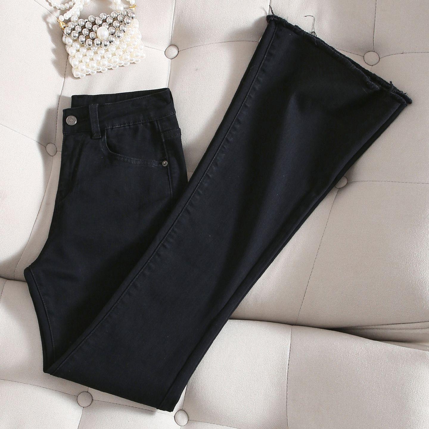 

Women s High-Waisted Frayed Micro-Flare Jeans, 2025 Style, Elastic Slim Fit, Floor-Length, Solid Color, Wool-Blend. XL