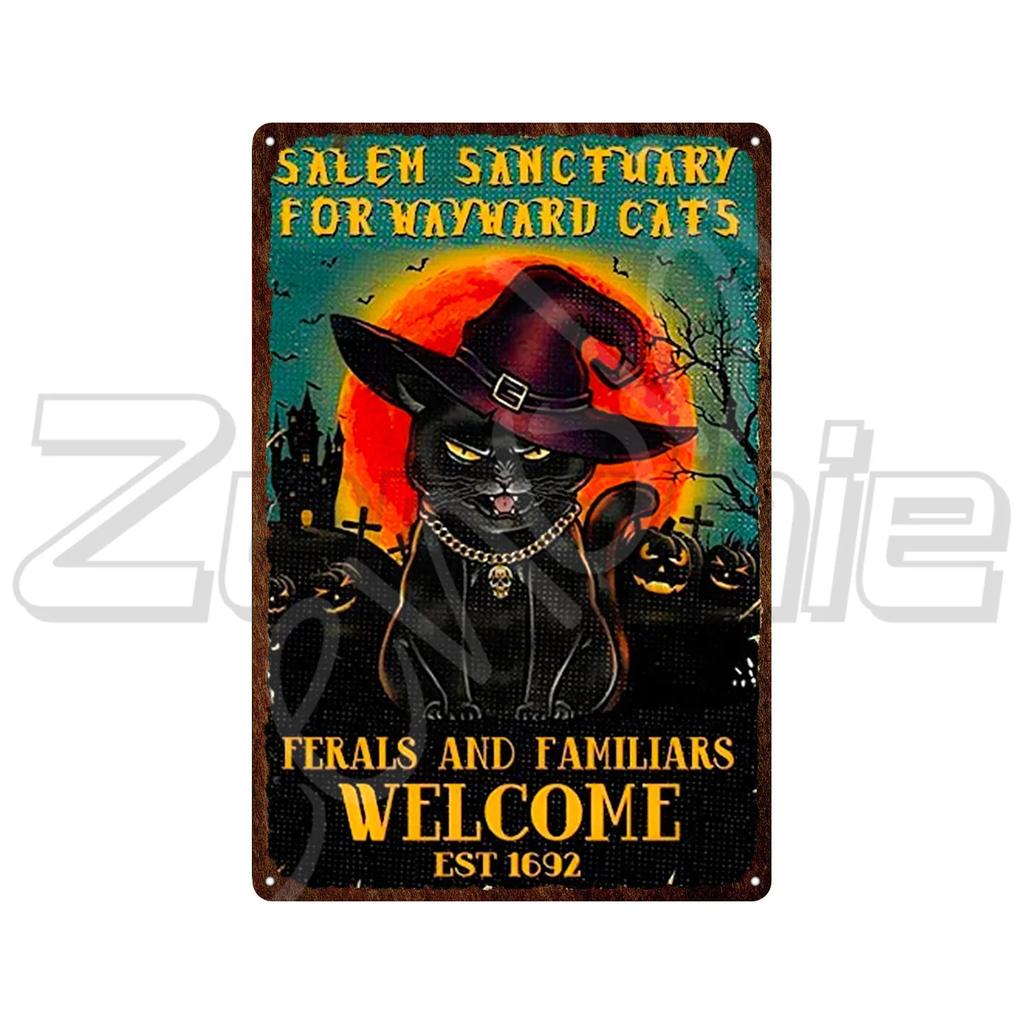 Vintage Halloween Black Cat Witch Magic Retro Metal Tin Signs Spooky Home Wall Decor
