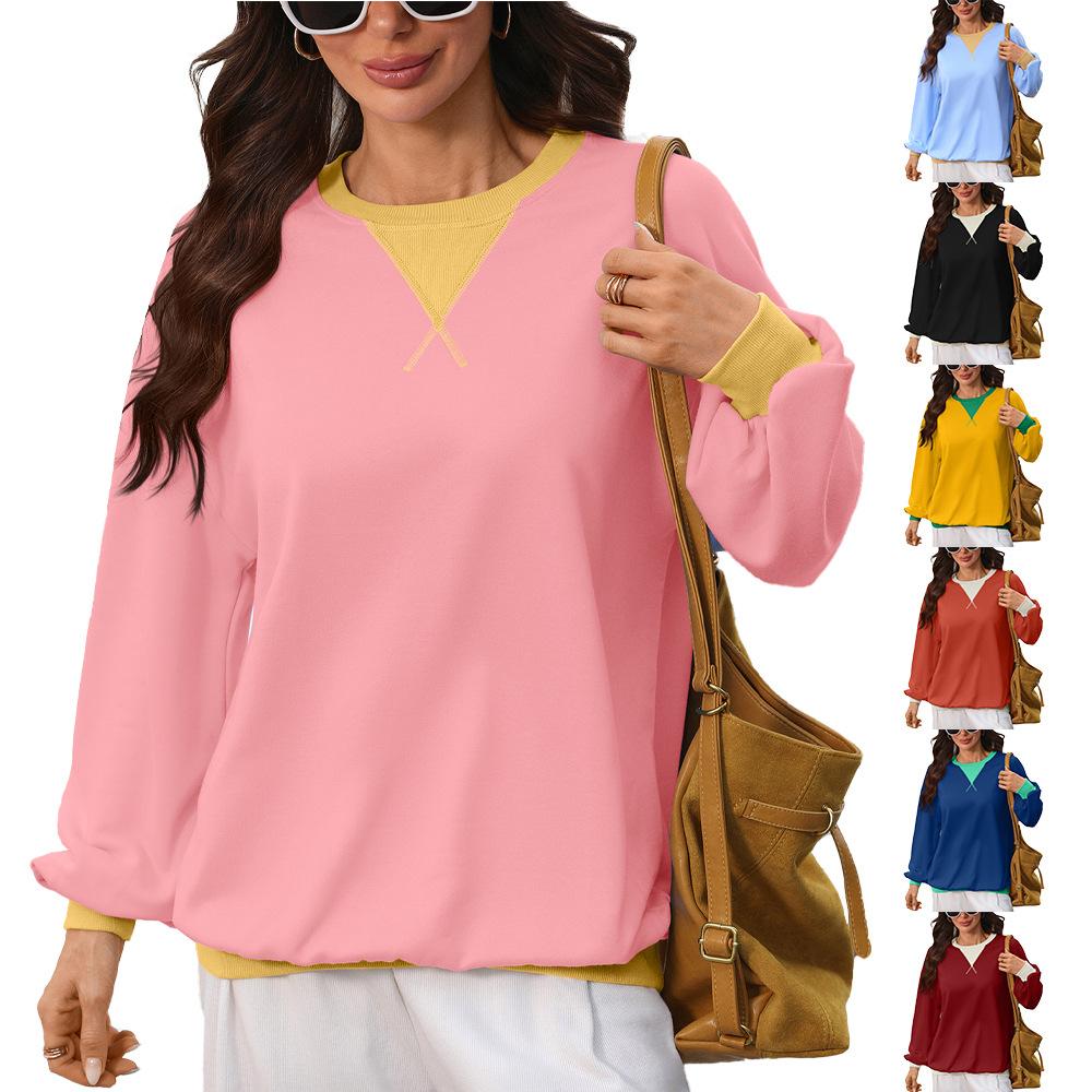 Fall/Winter New Style Round-neck Color-Contrast Loose Long-Sleeved Sweatshirt for Women