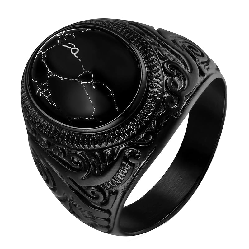 

[Oidea] men s black agate ring stainless: natural stone locomotive ring male jewelry punk gothic Cool-boyfriend to my father birthday Christmas